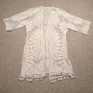 Everleigh Duster Kimono Cover Up Cardigan Medium Ivory Floral Lace Boho Sheer